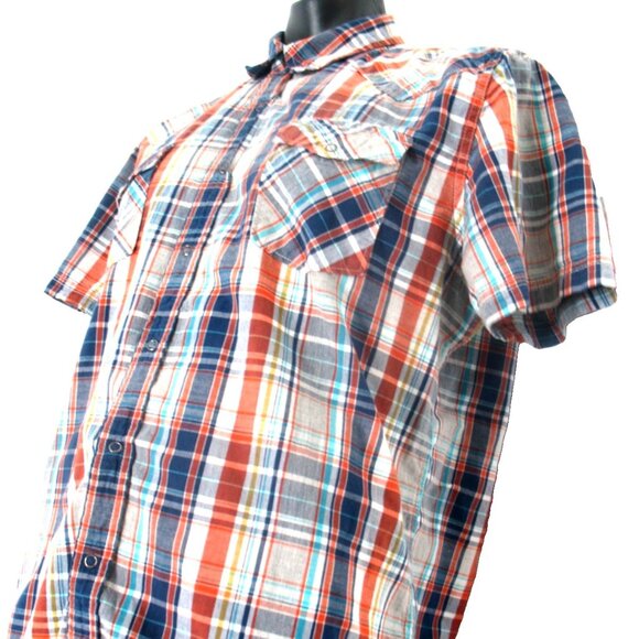 Ruff Hewn Button Up Shirt Men's Blue/Orange Plaid Size Large Short sleeves. - Picture 8 of 10